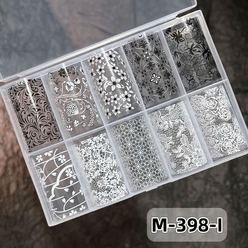 10er-Pack Schwarz-Weiß-Spitzen-Nagelaufkleber - Französisches Sexy Gitterdesign