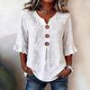 Women's V Neck Three Quarter Sleeve Top Loose Fit Floral Embroidery Ruffle Cuff Casual Blouse