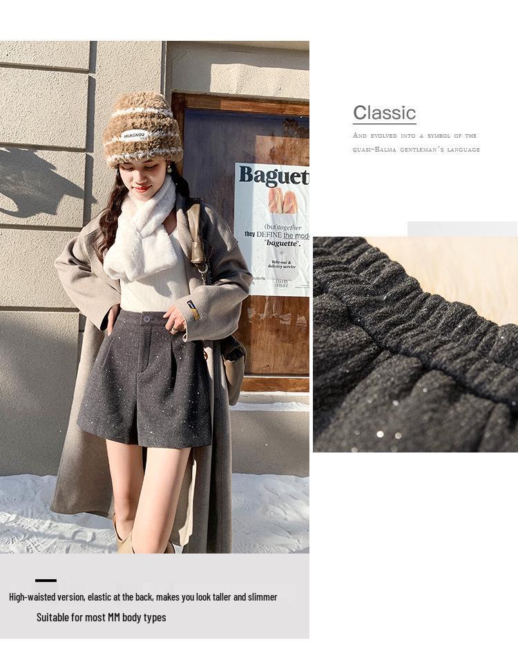 Women's High-Waisted Sequin Tweed Shorts - Autumn/Winter Korean Style A-Line Wide-Leg Pants