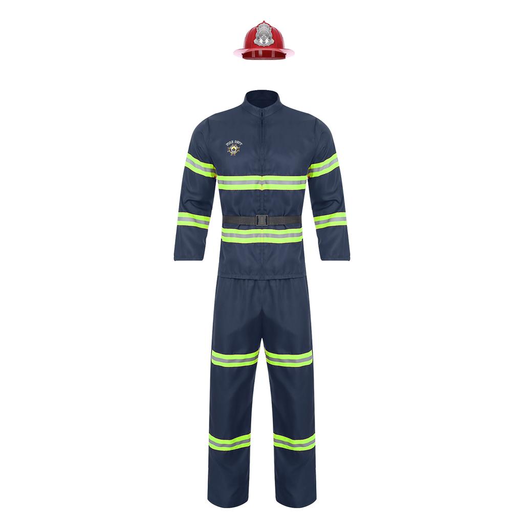 Men Firefighter Costume Set Plastic Helmet Jacket Pants Belt Reflective Stripe Dress Up Role Play Outfit