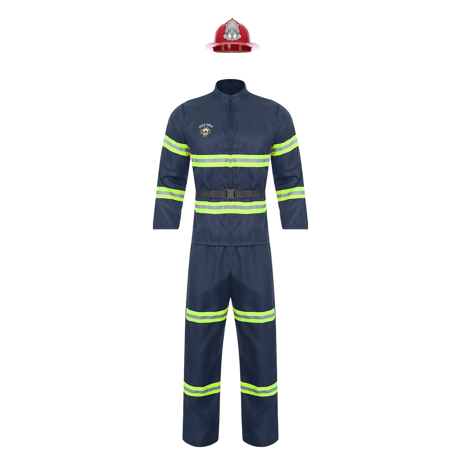 

Чоловічий костюм пожежника Набір Пластиковий шолом Куртка Штани Ремінь Світловідбиваюча смуга Наряд для перевдягання Рольова гра S