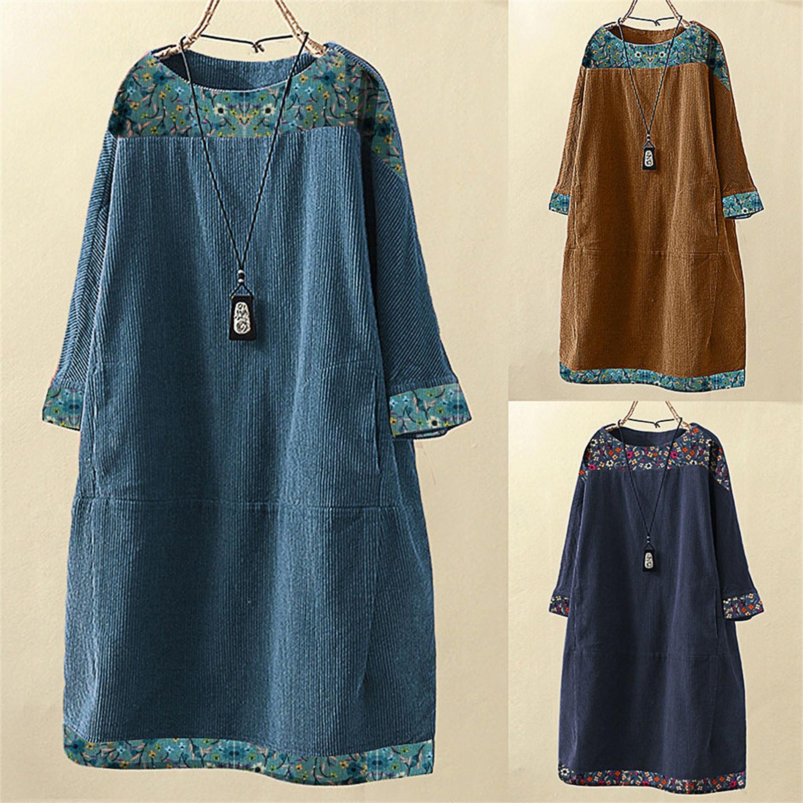 

Women Vintage Corduroy Ethnic Print Patchwork Long Sleeve Pockets Loose Dress
