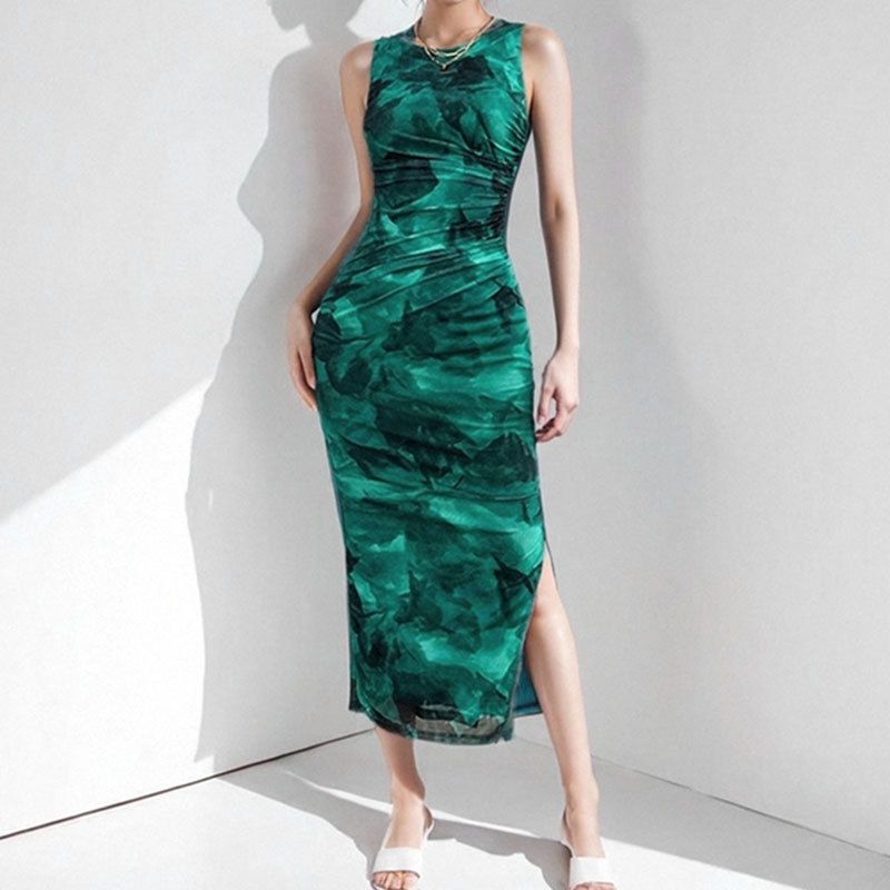 Printed Dress 2025 Summer New Women Temperament Elegant Sleeveless Split Waist Hugging Sexy Print Dress