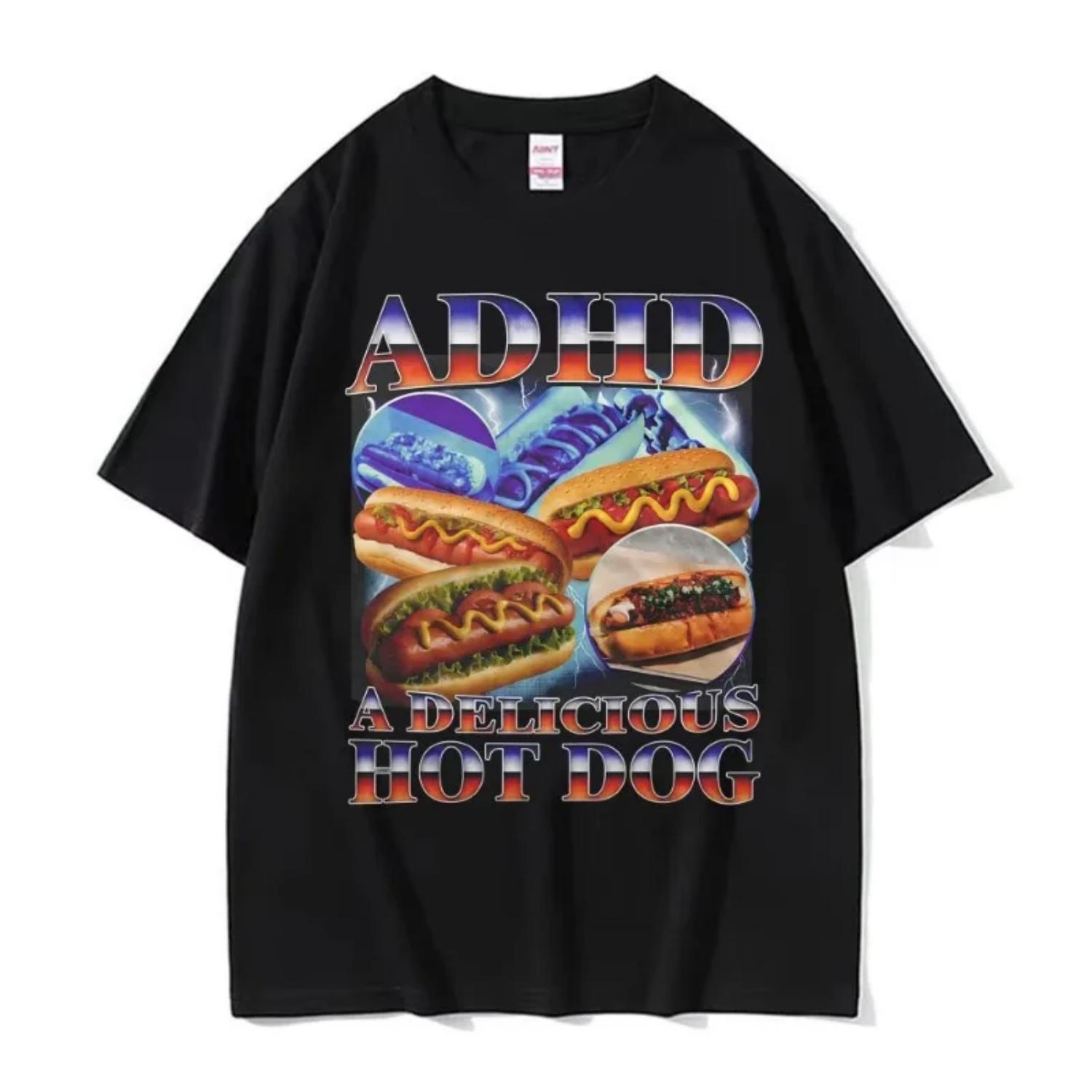 

New Mens Clothes Tee Shirt Homme Graphic T-Shirts Men Tshirt for Men Ropa Hombre ADHD A Delicious Hot Dog Funny Food Meme Tops S разноцветный