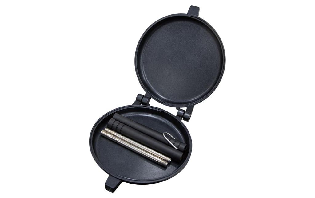 Direct-heat pancake maker with detachable handle, separate top and bottom sections, single-serving, lightweight, non-stick coating, easy to clean, ful