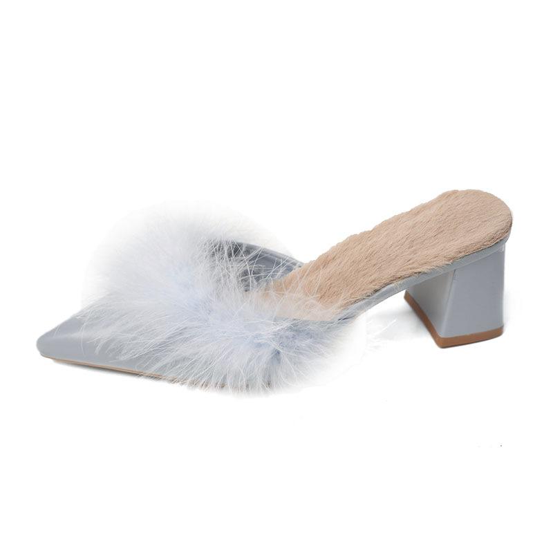 2024 Autumn New Foreign Trade Large Size Fine Heel Cool Slippers One-word Drag Bag Head Wear High Heel Slippers
