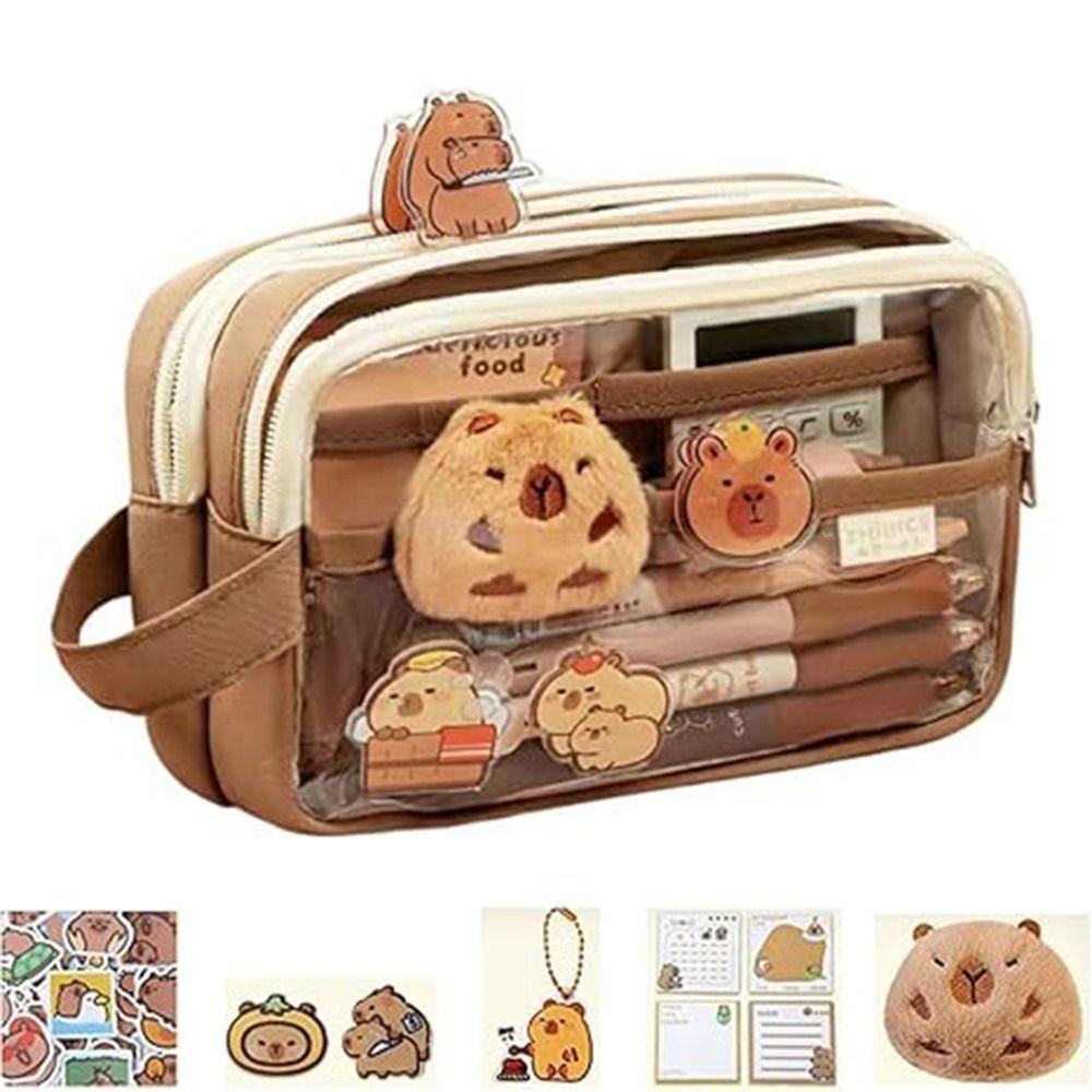 Creative Capybara Pen Case 5 Layers Large Capacity Cartoon Pencil Box with Front Pocket Cute Capybara Pen Holder School Supplies