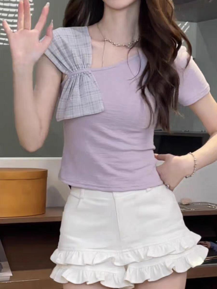 

Korean slanted shoulder irregular short-sleeved t-shirt women s summer design sense pure desire gentle wind slim short top s (recommended within 50kg ) фиолетовый