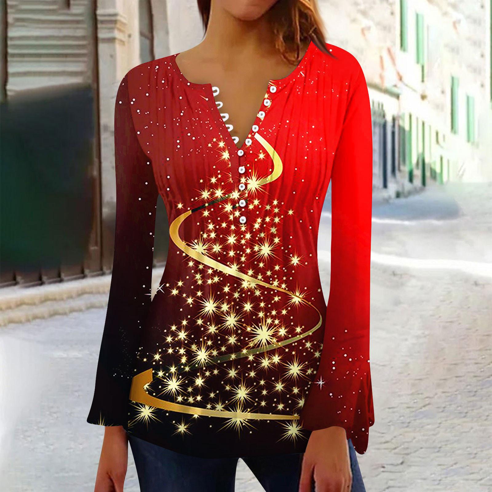 

Женская модная рождественская футболка с v-образным вырезом и длинными расклешенными рукавами, плиссированная пуговица, топ XL разноцветный