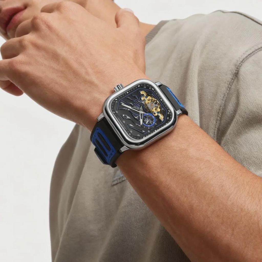 Forsining Fashion Mechanical Watch for Men Square Tourbillon Skeleton Automatic Watches Leather Rubber Strap Sports Wristwatches