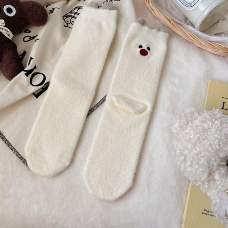 

1 Pair White Middle Socks Cute Animal Cartoon Mink Fleece Socks Thick Warm Home Floor Socks Girly Versatile Accessory Sock Gift as the picture