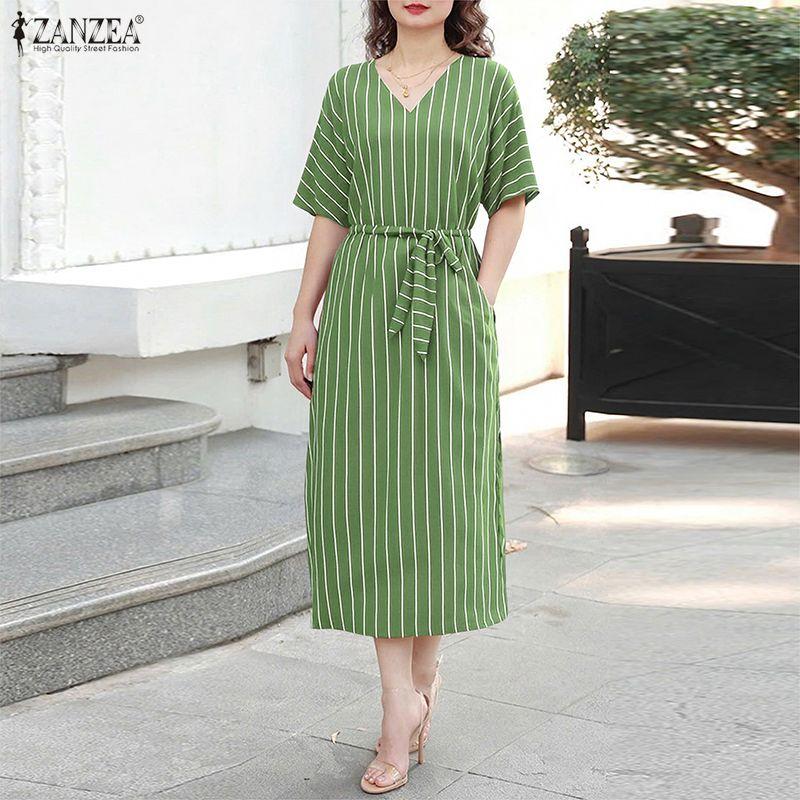 ZANZEA Women Casual V-Neck 3/4 Sleeve Summer Stripe Dress