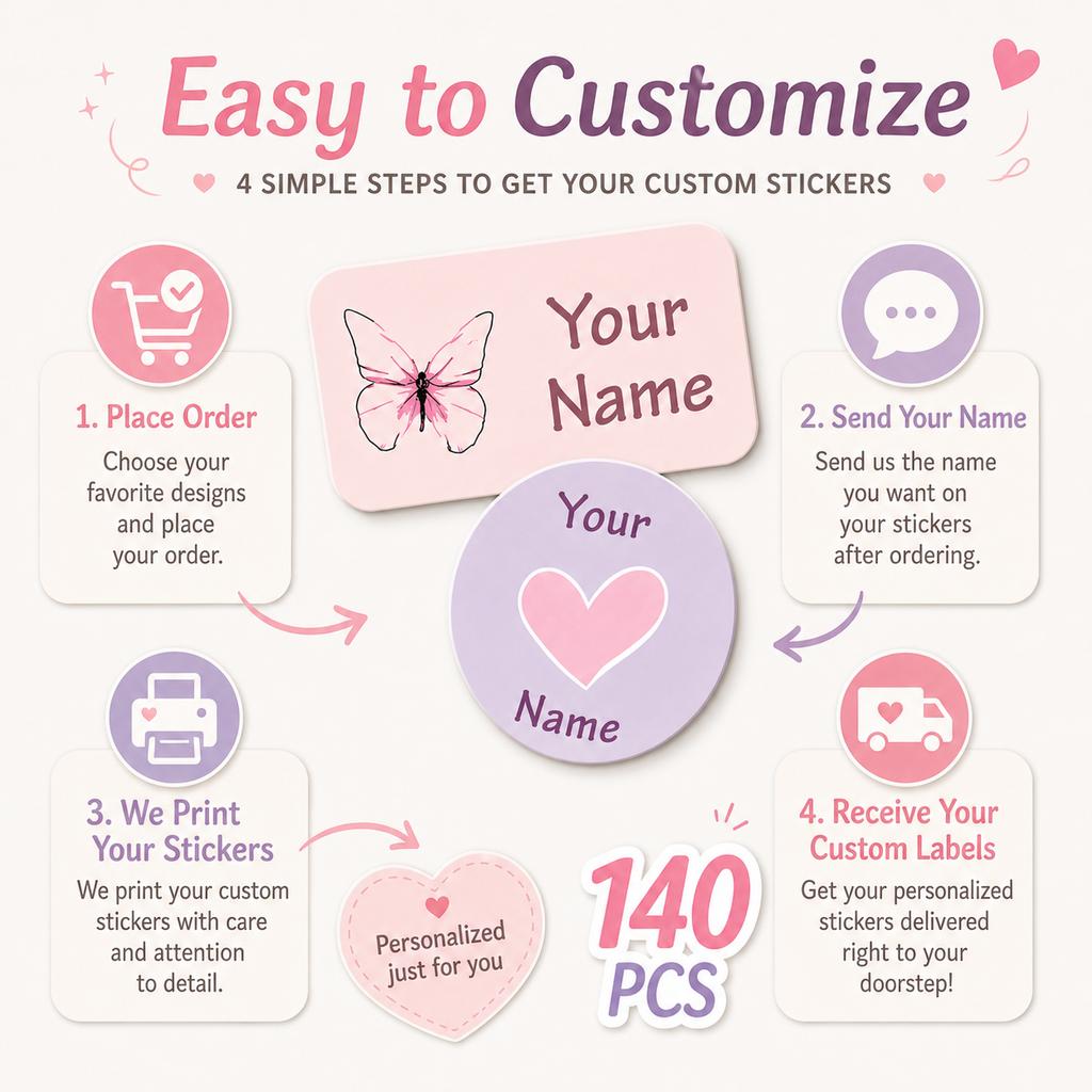 140Pcs Custom Name Stickers Personalized Self-Adhesive Labels 4 Cute Designs For Bottles Stationery Storage Boxes