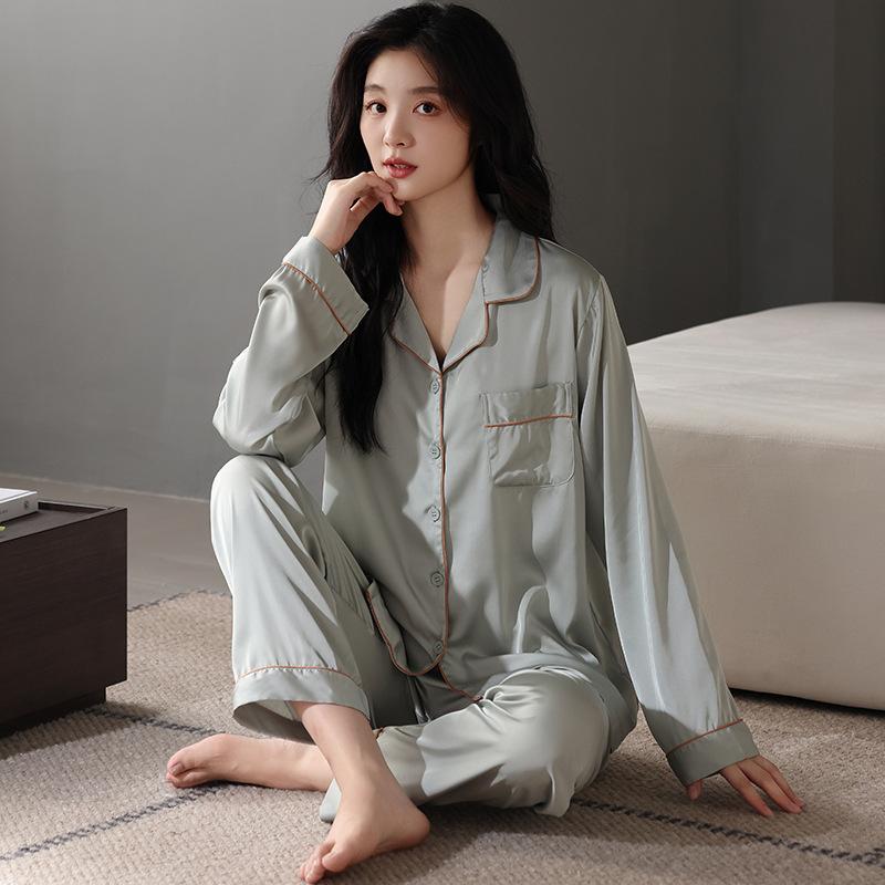 Ice silk pajamas women's 1011 new long-sleeved suit simple casual silk can be worn outside cool loungewear