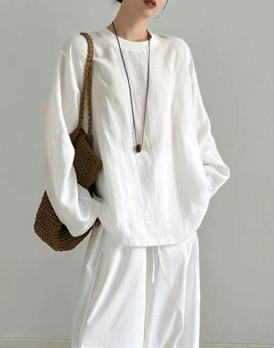 Haut décontracté à manches longues en chanvre blanc Tencel lin pour femme Rain Dew