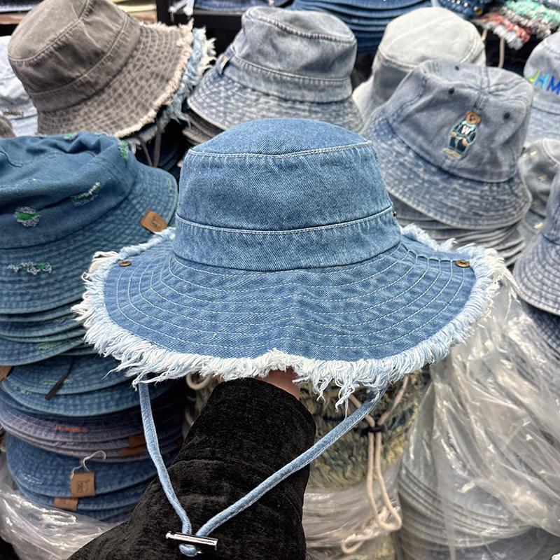 Spring and autumn eaves raw edge washed denim bucket hat women's spring and summer outdoor sunshade washbasin hat