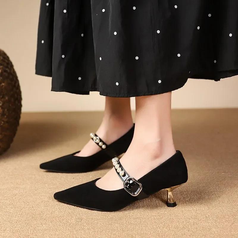 Women's Shoes 2025 Hot Sale Buckle Strap Women's High Heels Fashion String Bead Office and Career Sexy Pointed Toe Heels Women