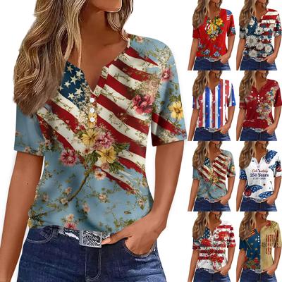 Damska koszulka T-shirt z nadrukiem Przycisk z krótkim rękawem Codzienny weekend Moda Podstawowy Dekolt w kształcie litery V Regularny top