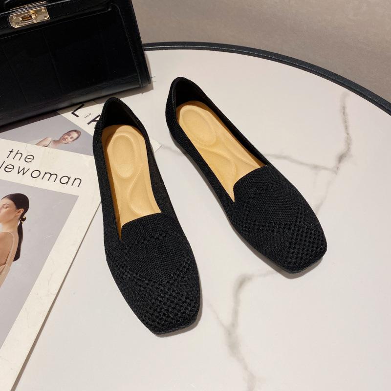 New spring and autumn flying woven single shoes Doudou woven flat bottom square head women's ladyshoes