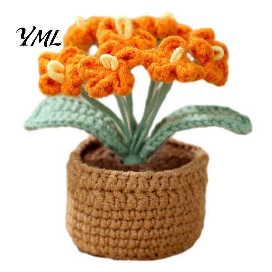 Handmade Knitted Potted Plant Crocheted Flower Plant, Artificial Yarn Ornament, Vibrant Multi-color Cute Desk Ornament for Office Desktop Car