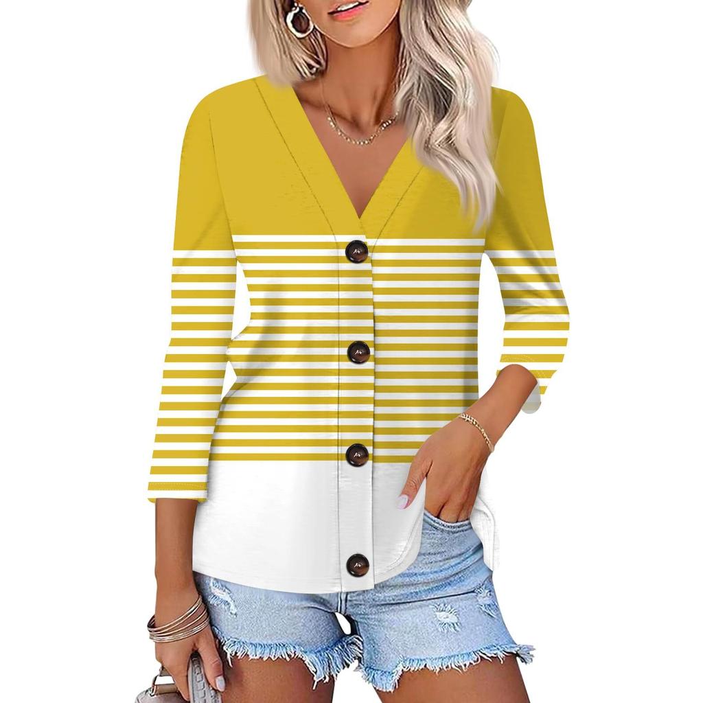 Women's Fashion Casual Printing Button-down Shirt 3/4 Long Sleeve Tops