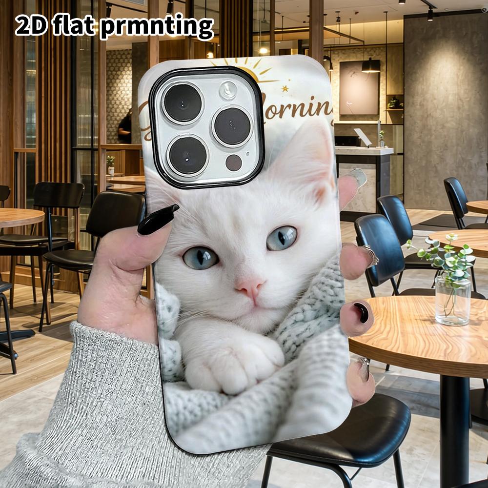 Phone Case: 2D Flat Design Suitable for iPhone 18 17 16 15 14 13 Pro Film Protective Case, Couple Style, Fluffy White Cat, Christmas and Halloween Gif