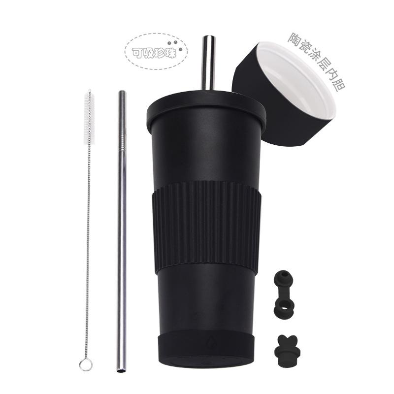 2025710Ml Stainless Steel Straw Cup Female Ceramic Liner Milk Tea Cup Non-Slip Portable Straw Thermos Cup