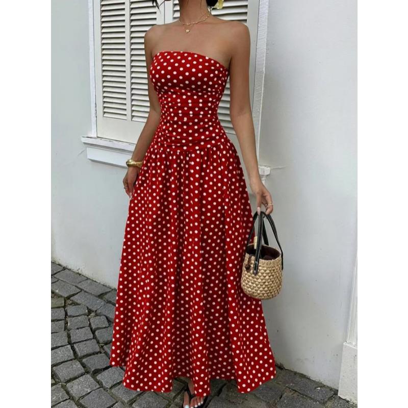 2026 Summer Off Shoulder Polka Dot Dress New Sexy Elegant Strapless Waist-cinching Slim Fit A-line Party Evening Dress Sweet Pleat Fashion Clothing