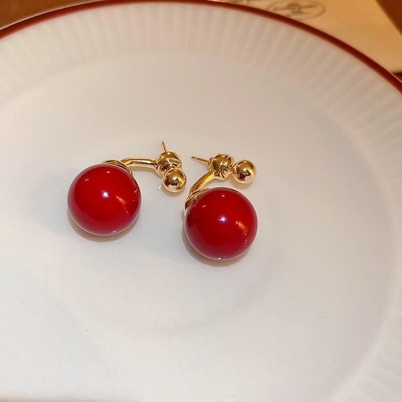 New Year's red flower flocking stud earrings women's niche earrings versatile earrings autumn and winter