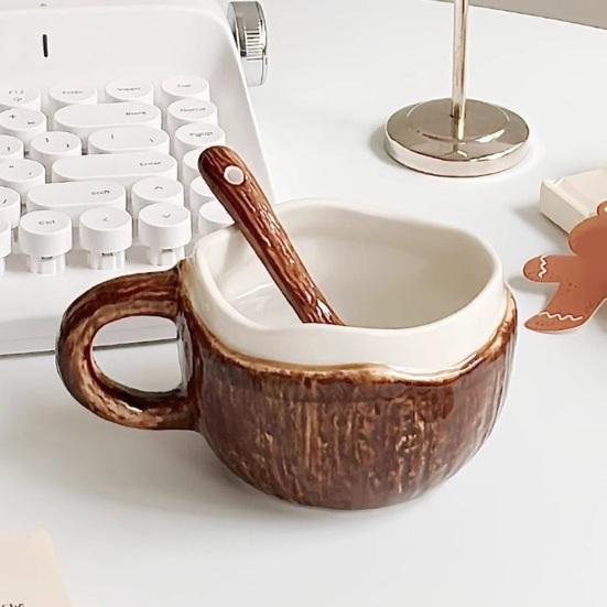 Durable Ceramic Oatmeal Bowl Vintage Coconut Shell Mug, Handmade Irregular Coffee Cup with Spoon, Heat Resistant Hot Drink Mug Rustic Texture