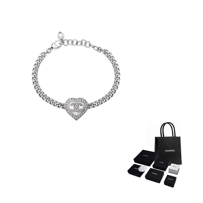 CHANEL Double C Logo Love Alloy Rhinestone Bracelet Women's Silver