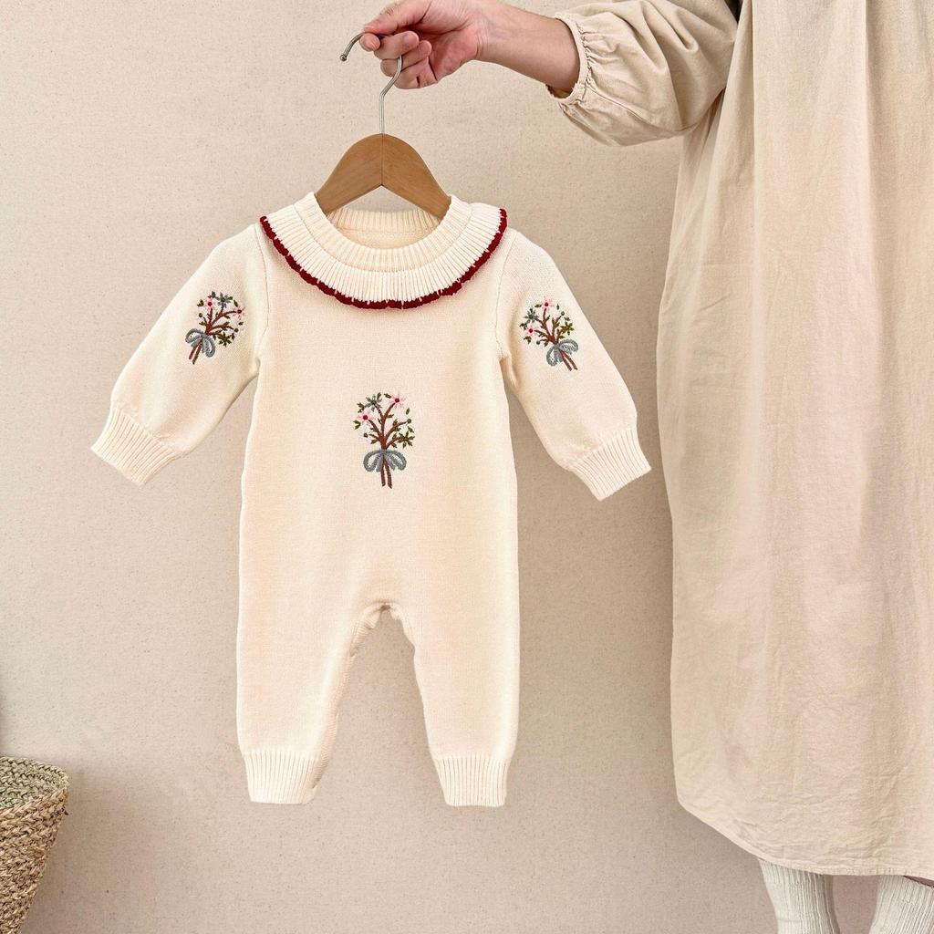 Baby Mädchen Herbst/Winter Strick Strampler Kleid mit Blumenmuster