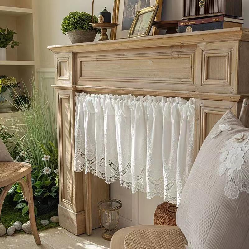 100% Cotton Hollow Flowers Short Curtains Living Room Korean Gream Lace Cloth Half Curtains for Kitchen Bookshelf Dust Curtain