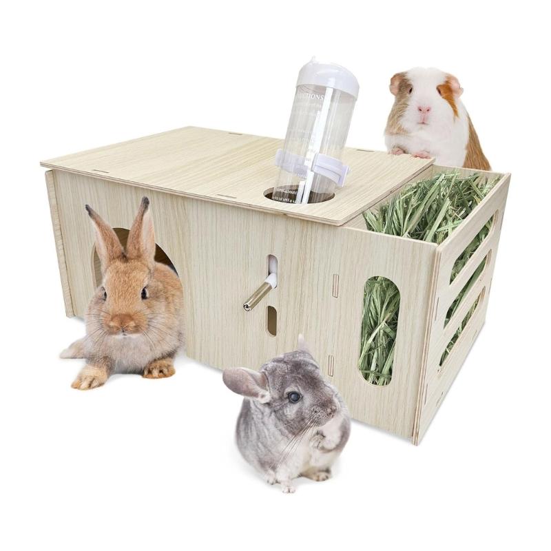 Natural Wooden Small Animal Hideouts With Feeders Water Feeders For Rabbits Guinea Pigs Chinchillas Shelter Place