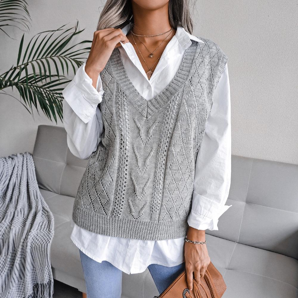 Gilet lavorato a maglia con scollo a V e motivo a torsione cava da donna, autunno e inverno