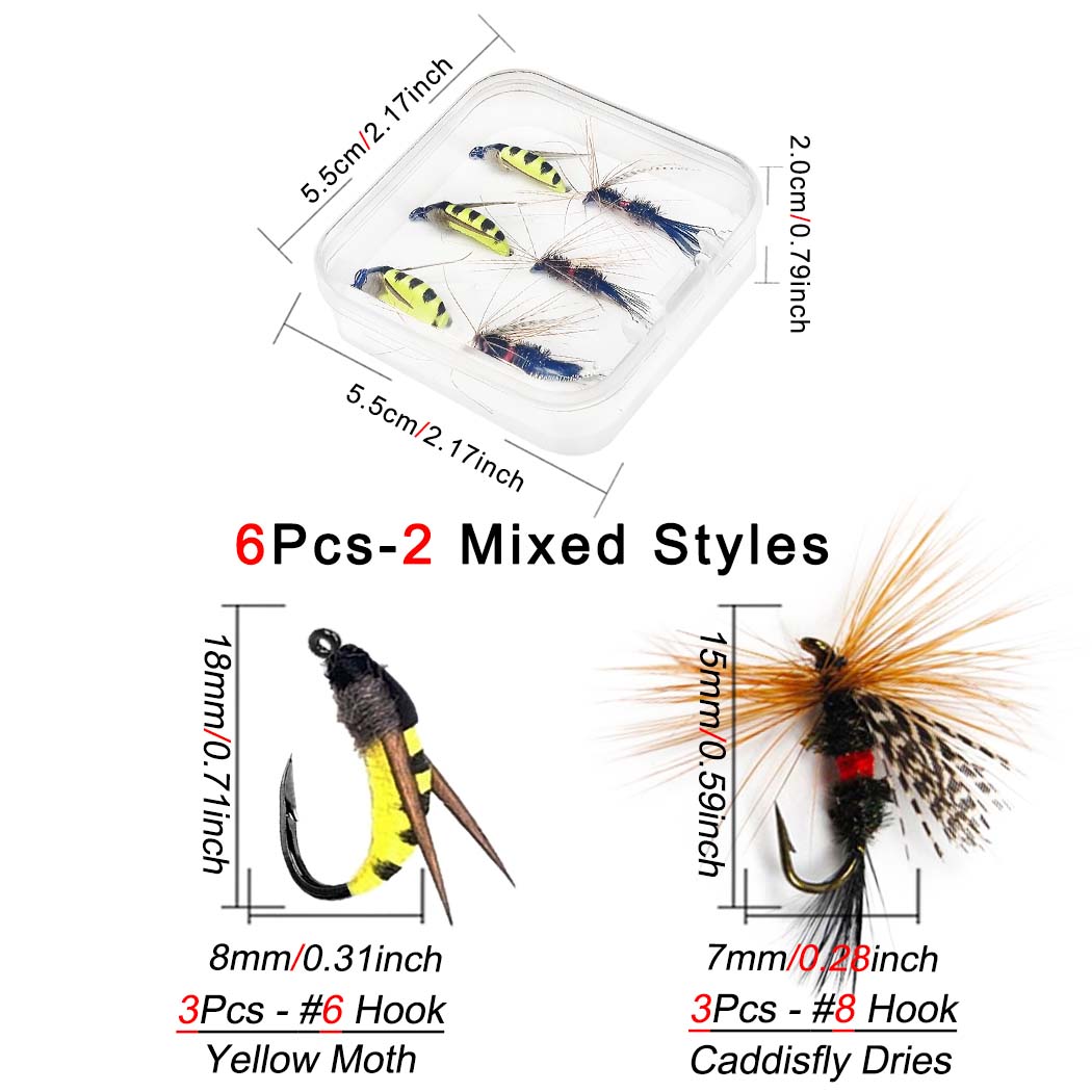

Искусственные сухие мухи-ручейники и приманка для желтой моли - 2 смешанных стиля(6Pcs / Set )Искусственная рыболовная приманка Размеры #8#6 Нахлыстовые мушки Приманка для окуня Лосося Форели 2Mixed Styles(6Pcs)