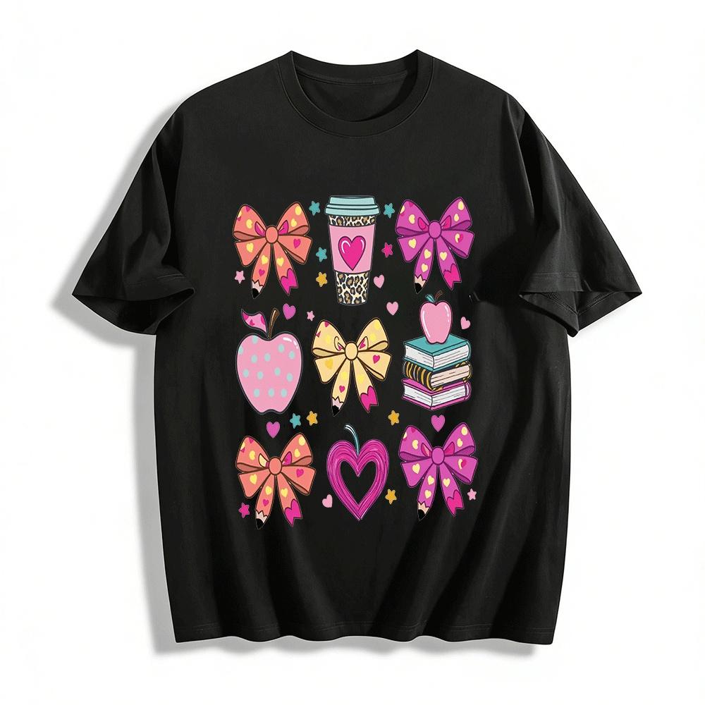 Heart Bow Coffee Apple Print Casual Top Pure cotton T-shirt XXS