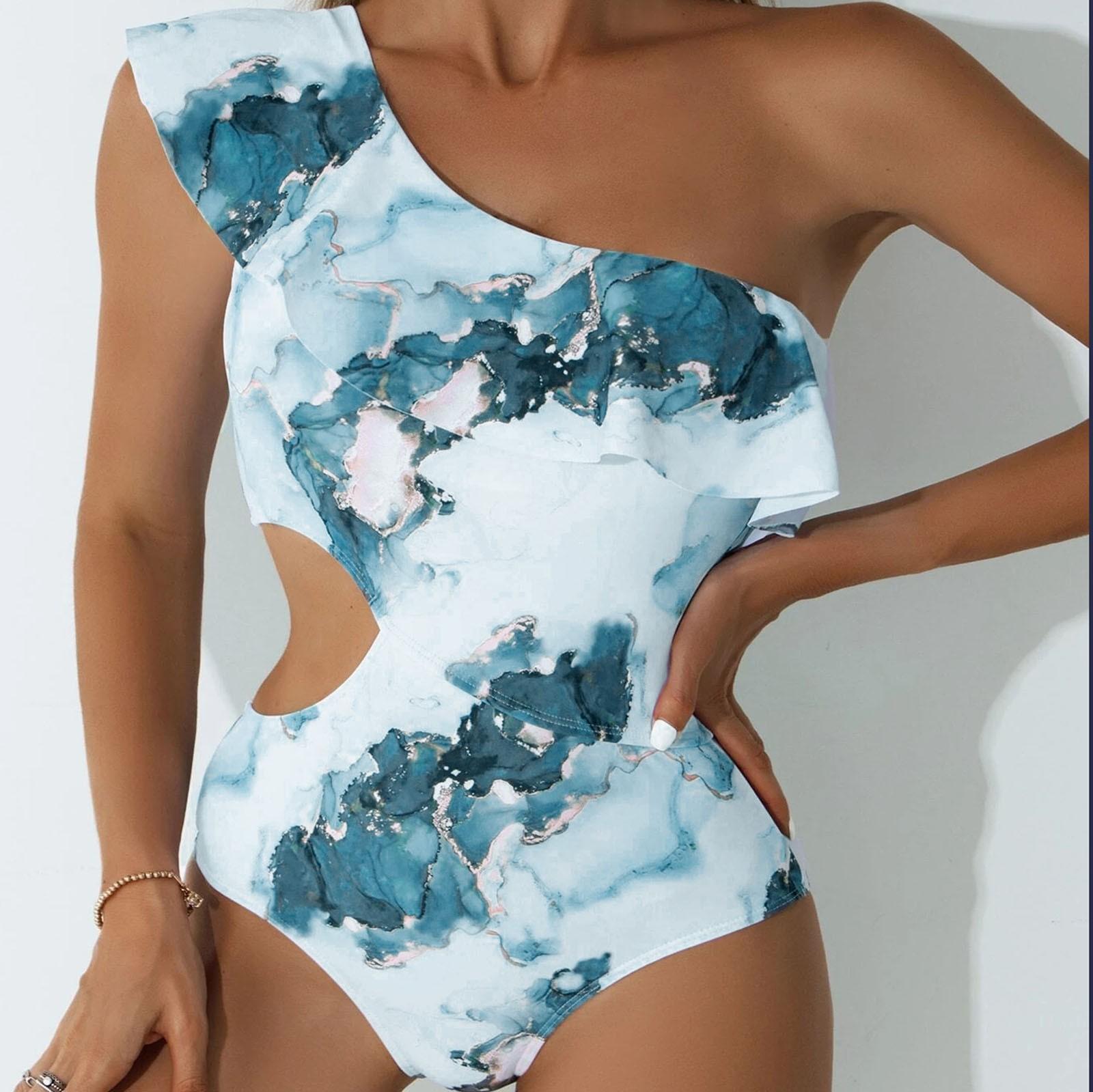 

Женский купальник на одно плечо с оборками и принтом, с подушечками для бюстгальтера и без стальной поддержки M тёмно-синий