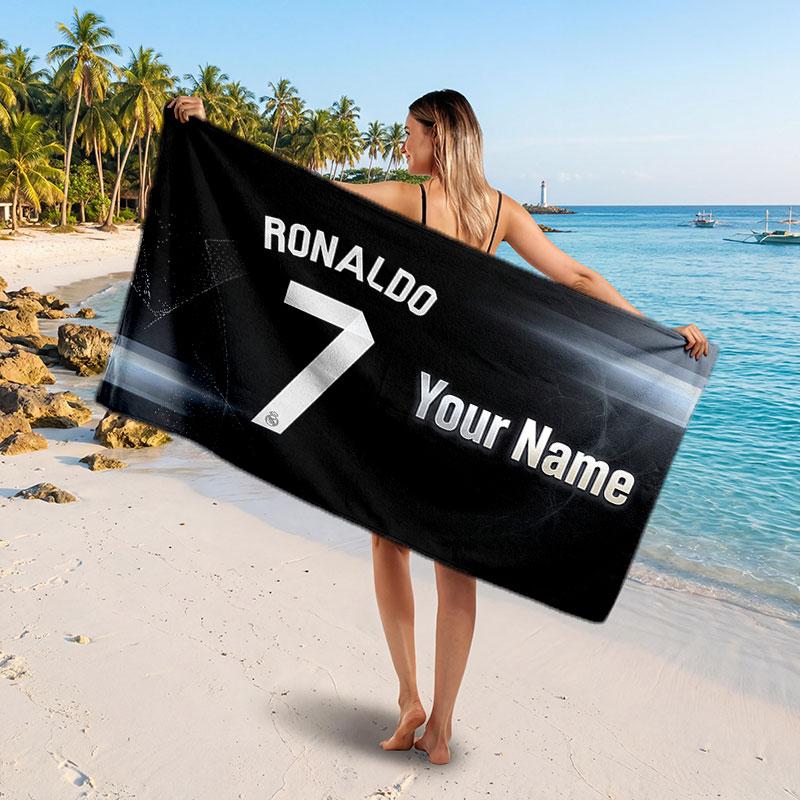 Cristiano Ronaldo Custom Beach Towel, Personalized Name Text Print, Football Logo Soft Quick‑Dry Towel Holiday Gift