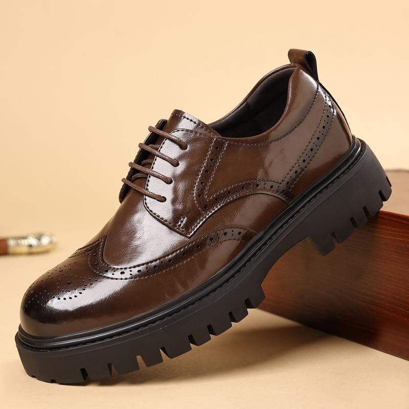 Fashion Men Formal Business Thick Soled Lace-up Oxford Brogues Shoes Luxury Men's Dress Shoes Male Casual Leather Wedding Party Loafers