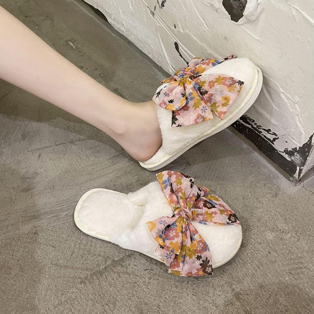 Cute bow flat-bottomed plush slippers for women 2025 home non-slip, breathable and cold-proof versatile cotton slippers for women