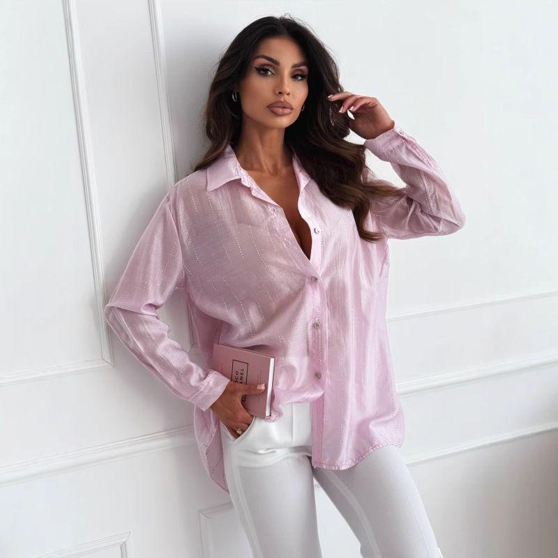 2025 Summer European and American Simple and Stylish Solid Hot Drilling Long Sleeve Shirt Shirts Women Long Sleeve Shirt