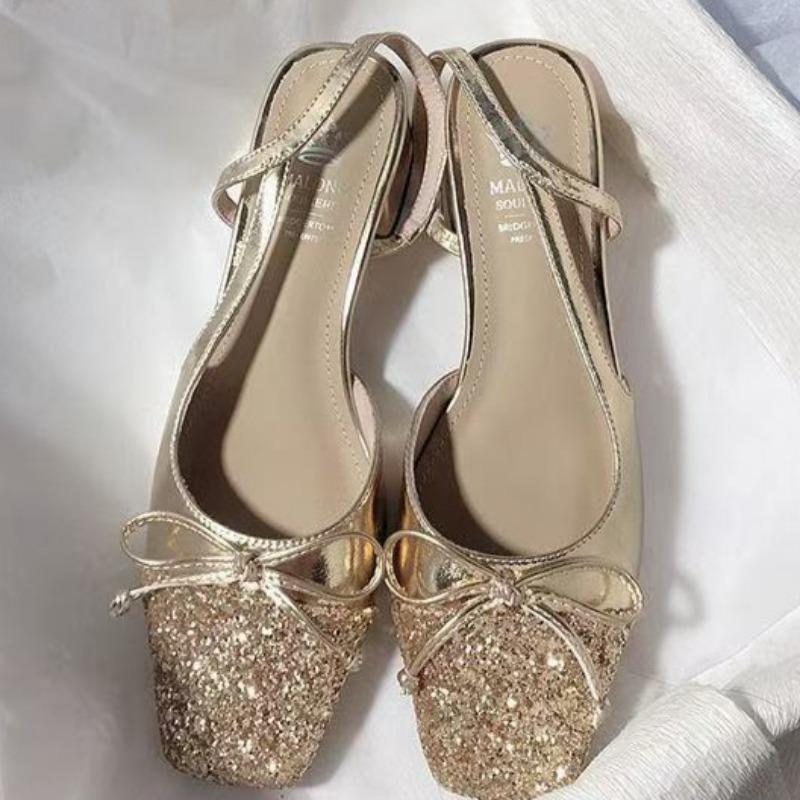 Fashion Spring New Baotou Sandals Women's Fashion Square Head Shallow Mouth Sequin Butterfly Knot Non-slip High Heels
