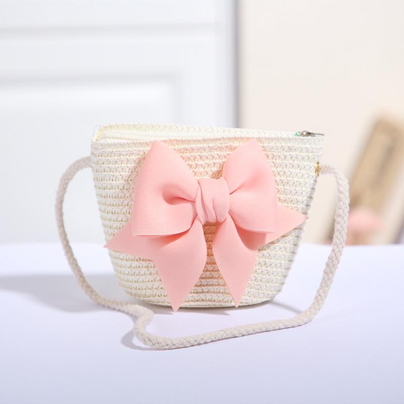 Cute Bow Decor Baby Girls Straw Shoulder Bag Eco-friendly Handmade Woven Crossbody Bag for Kids Party School Trip