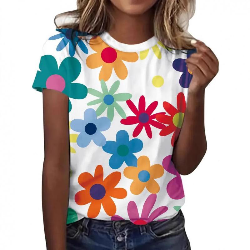 Summer Round Neck 3D Flower Pattern Print Top Fashionable Casual Short Sleeved Women's T-shirts