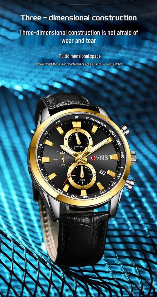 OFNS 3D Sun Dial Quartz Watch: Luminous, Waterproof, Multifunctional Men's Timepiece with Three-Eye, Six-Needle Design and Calendar.