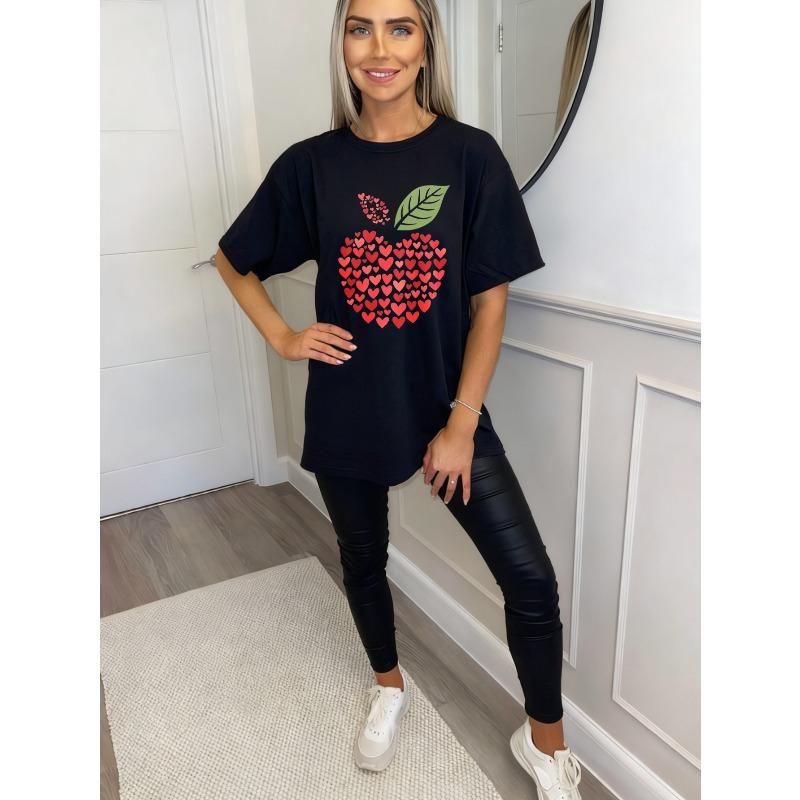 Black Oversized T Shirt With Heart Apple Print For Casual Wear