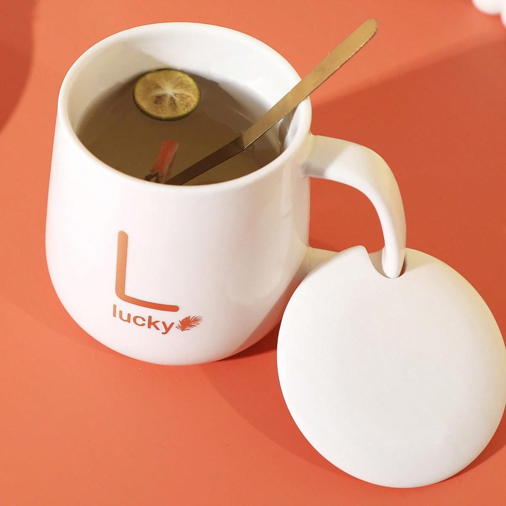 1ks Sada, Šťastný hrnek na kávu s víčkem, lžičkou a keramickými šálky na kávu, Vynikající šálky na vodu,