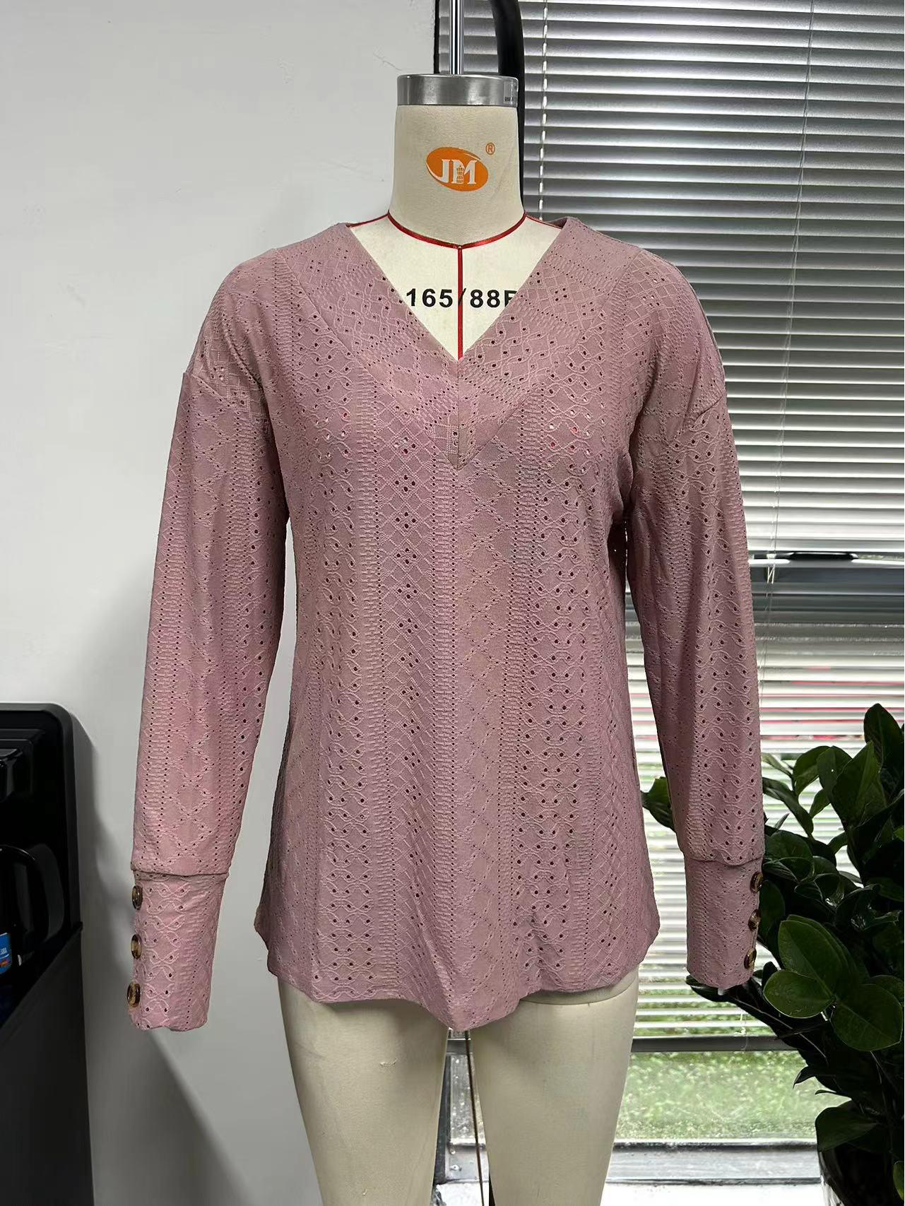 

European American Women s Fashion Casual V-Neck Lace Embroidery Long Sleeve Shirt Extra Large