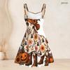 Women Plus Size Sleeveless Strappy Square Neck Halloween Western Pumpkin Printed White Flare Dress